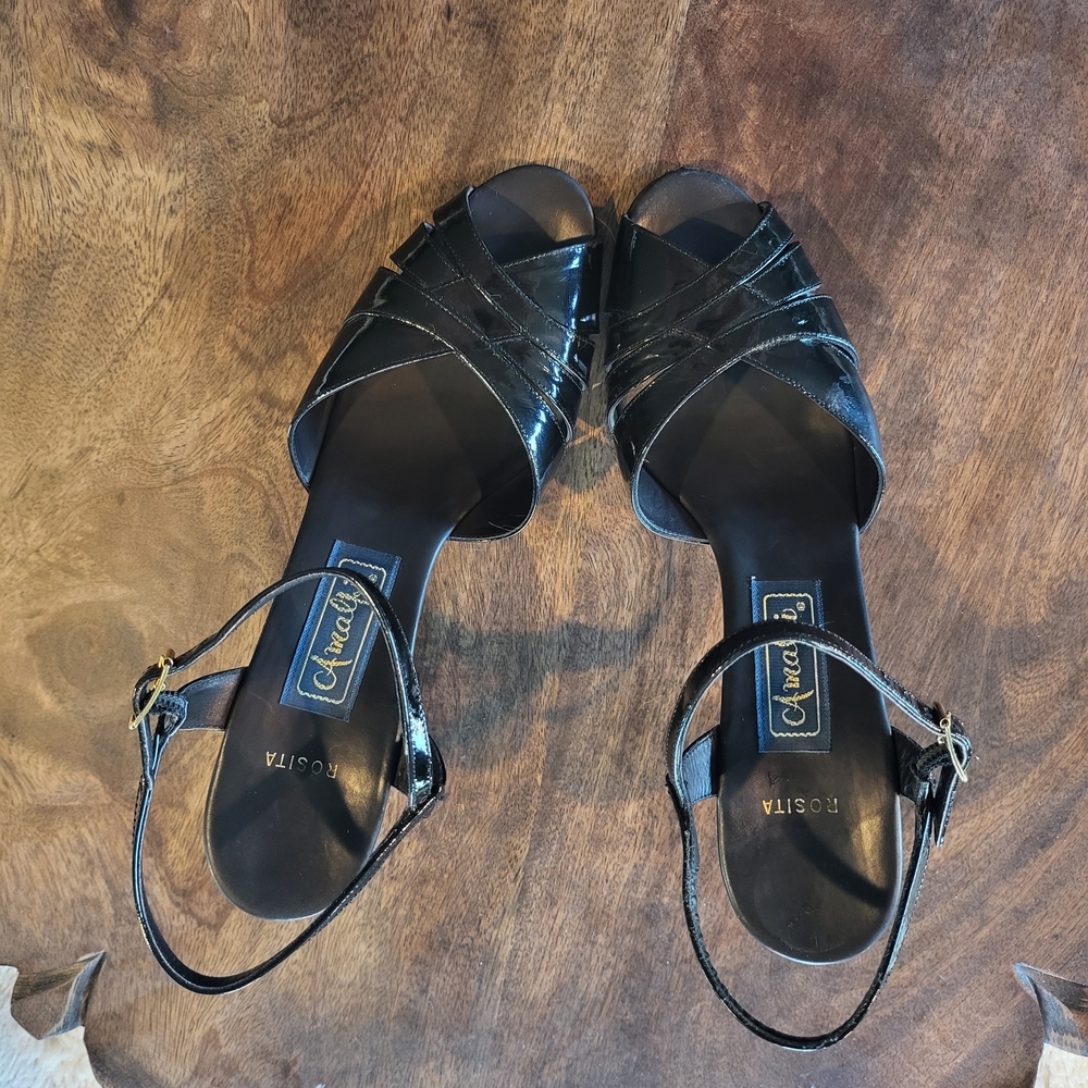 Vintage Amalfi Italian Patent Leather Black Rosita Kitten Heels Peep Toe 8N